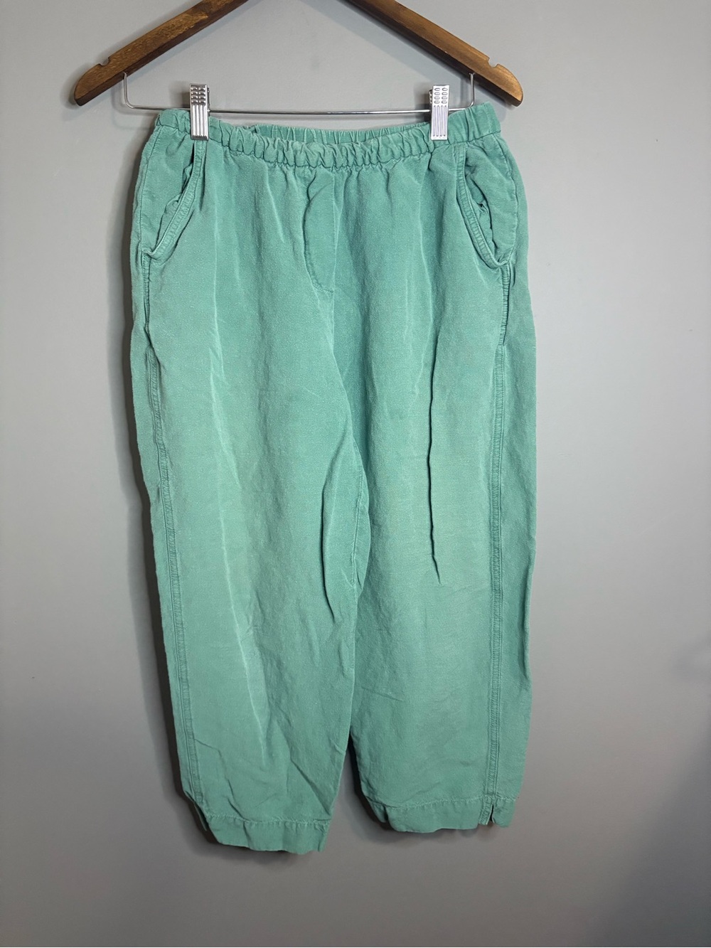 Oysho Linen Blend Cropped Pants Green Elastic Waist Relaxed Fit M - Picture 2 of 8